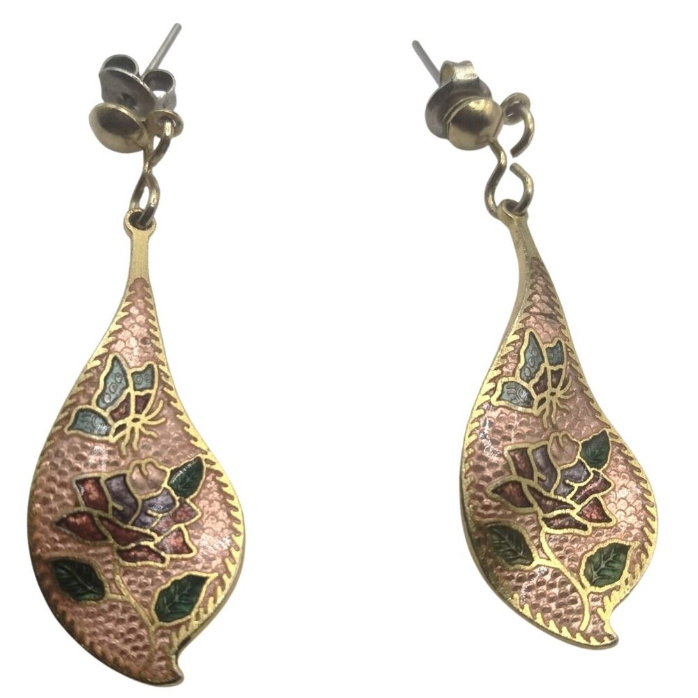Pink Cloisonne Earrings Gold Tone Teardrop Vintage Floral Post
